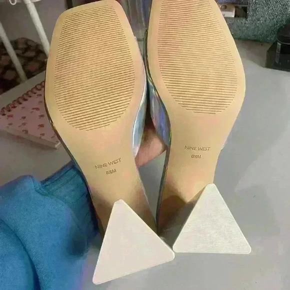 Nine West Size 8.5 Yougo Heeled Slide Sandals Silver Iridescent Square Toe Shoe - Picture 5 of 8